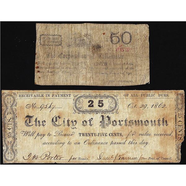 1862 50 Cents Corp. of Tallahassee & 1862 25 Cents City of Portsmouth, VA Obsoletes