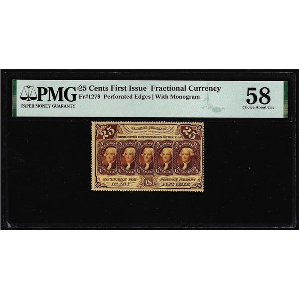 1862 First Issue 25 Cent Fractional Currency Note Fr.1279 PMG Choice About Unc. 58