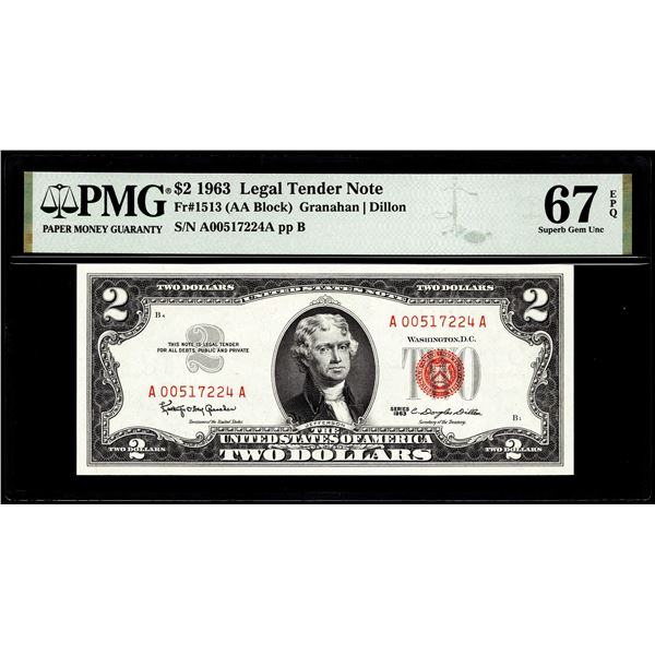 1963 $2 Legal Tender Note Fr.1513 PMG Superb Gem Uncirculated 67EPQ
