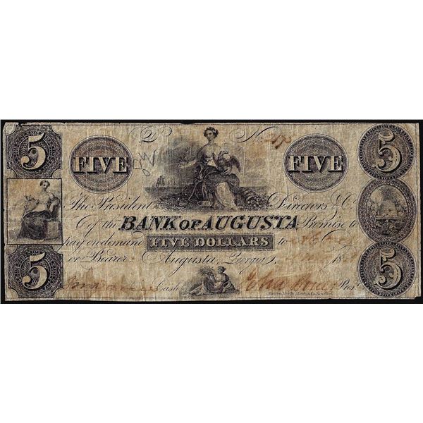 1858 $5 Bank of Augusta, Georgia Obsolete Note