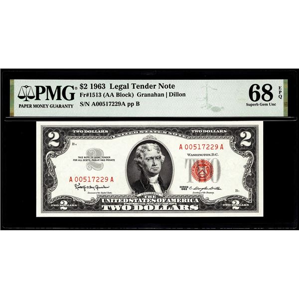 1963 $2 Legal Tender Note Fr.1513 PMG Superb Gem Uncirculated 68EPQ