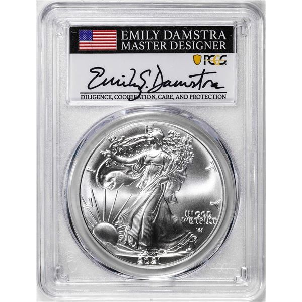 2021 Type 2 $1 American Silver Eagle Coin PCGS MS70 Damstra Signature First Strike