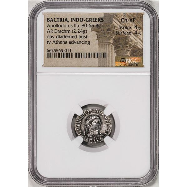 80-65 BC Bactria, Indo-Greeks Apollodotus II AR Drachm Ancient Coin NGC Ch XF