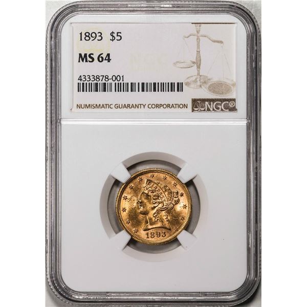 1893 $5 Liberty Head Half Eagle Gold Coin NGC MS64