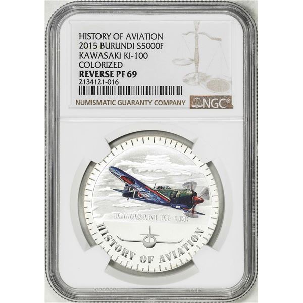 2015 Burundi 5000 Francs History of Aviation Kawasaki KI-100 Silver Coin NGC Rev PF69