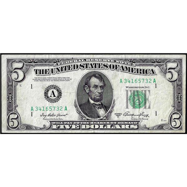 1950A $5 Federal Reserve Note Misaligned Error