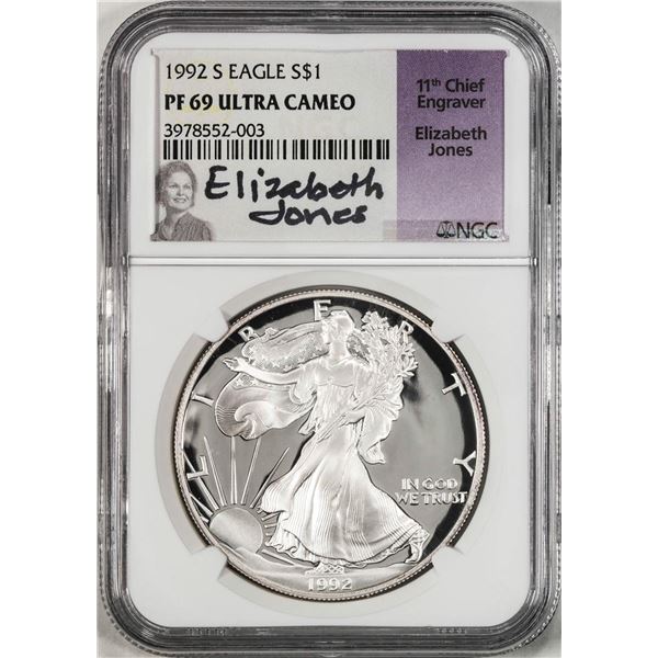 1992-S $1 Proof American Silver Eagle Coin NGC PF69 Ultra Cameo E. Jones Signature