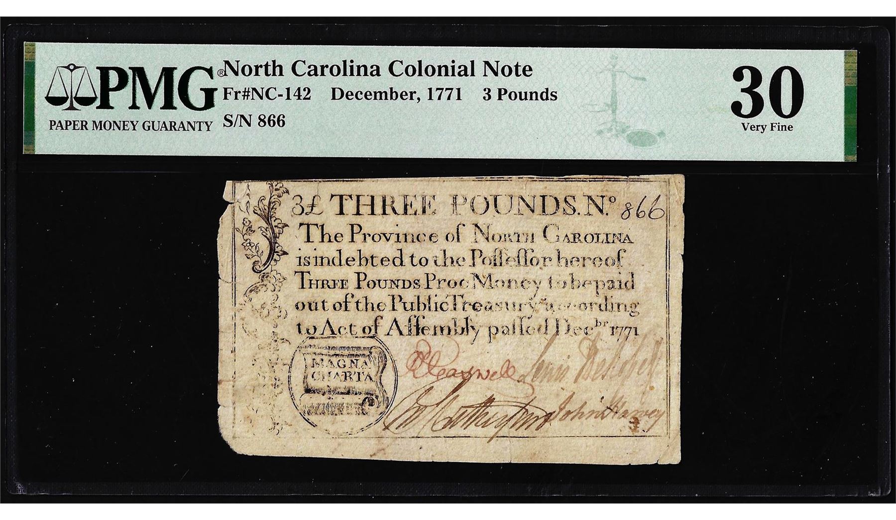 1771 North Carolina 3 Pounds Colonial Note NC-142 PMG Very Fine 30 ...
