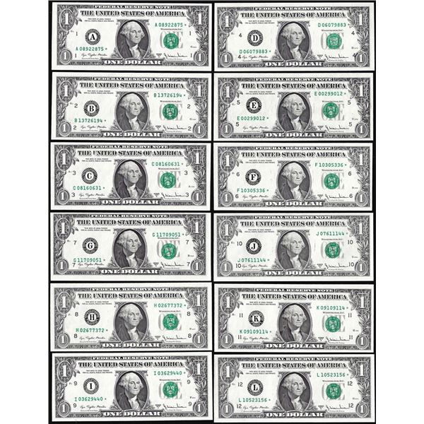 District Set of (12) 1977A $1 Federal Reserve Star Notes