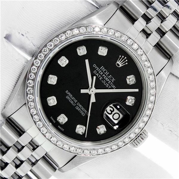 Rolex Men's Stainless Steel Black Diamond Datejust Wristwatch