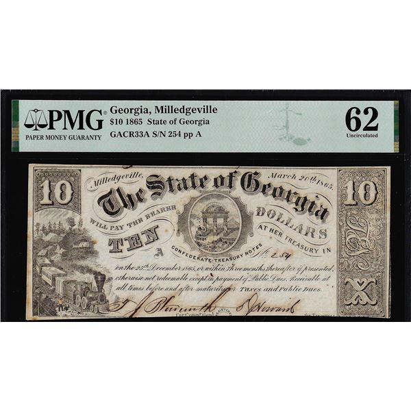 1865 $10 State of Georgia, Milledgeville Obsolete Note GACR33 PMG Uncirculated 62