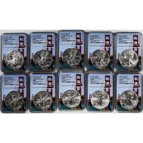 Lot of (10) 2021-(S) Ty. 1 $1 American Silver Eagle Coin NGC MS69 First 1-10 Boxes