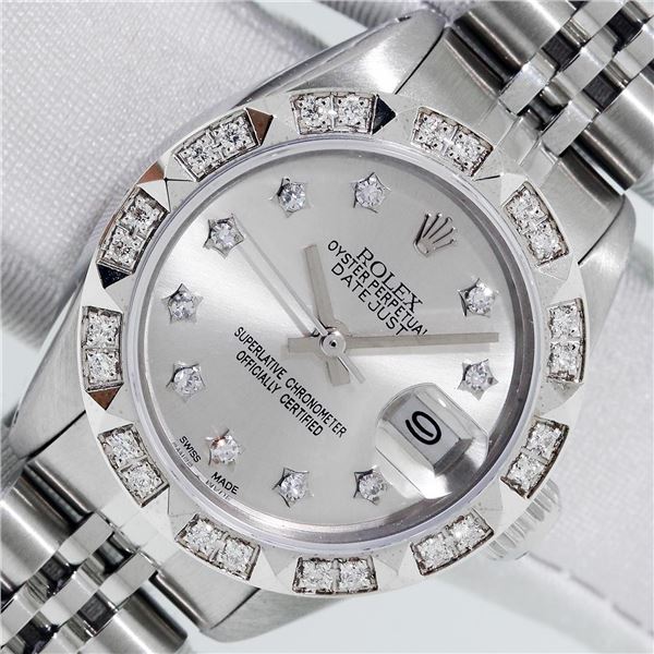 Rolex Ladies Stainless Steel Silver Diamond Datejust Wristwatch