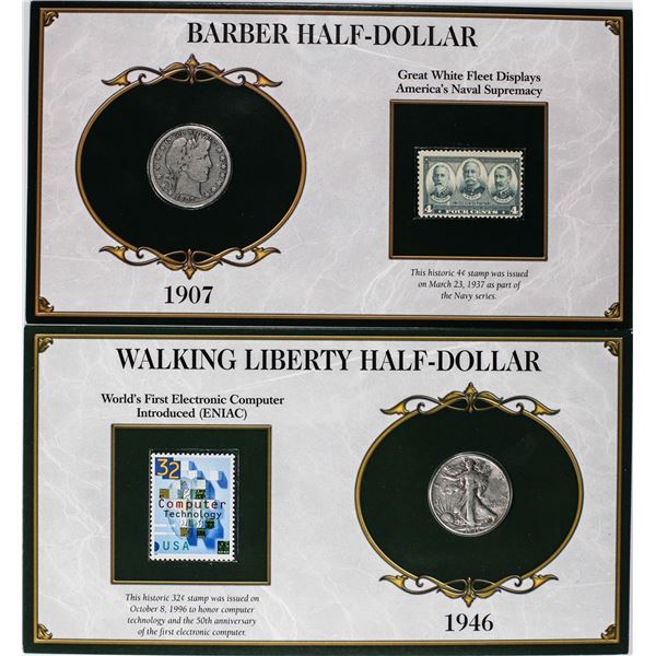 Lot of 1907-D Barber & 1946 Waking Liberty Half Dollar Coins and Stamp Panels