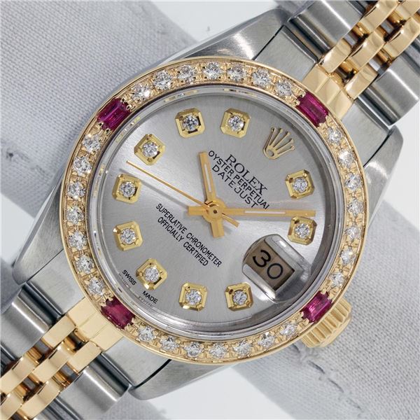 Rolex Ladies Two Tone Silver Diamond & Ruby Datejust Wristwatch