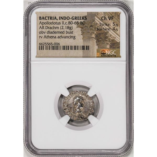 80-65 BC Bactria, Indo-Greeks Apollodotus II AR Drachm Ancient Coin NGC Ch VF