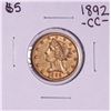Image 1 : 1892-CC $5 Liberty Head Half Eagle Gold Coin