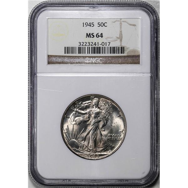 1945 Walking Liberty Half Dollar Coin NGC MS64