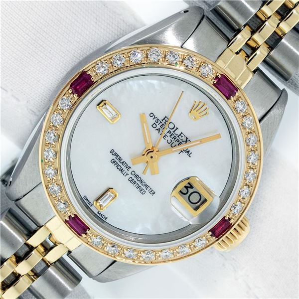 Rolex Ladies Two Tone Mother of Pearl Diamond & Ruby Datejust Wristwatch