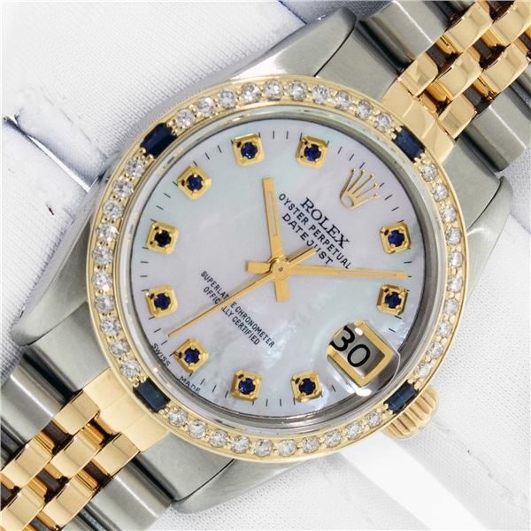 Rolex Midsize Two Tone Diamond and Sapphire Datejust Wristwatch