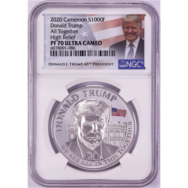 2020 Cameroon 1000 Francs High Relief Donald Trump Silver Coin NGC PF70 Ultra Cameo