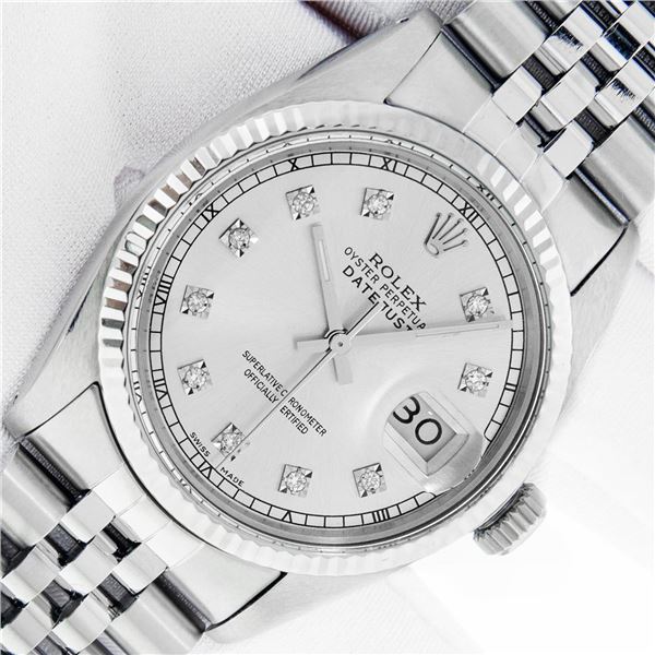 Rolex Men's Stainless Steel Silver Diamond Datejust Wristwatch