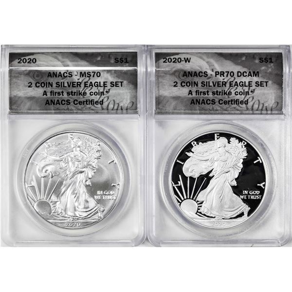 2020 $1 American Silver Eagle Two Coin Set ANACS MS70/PR70 DCAM