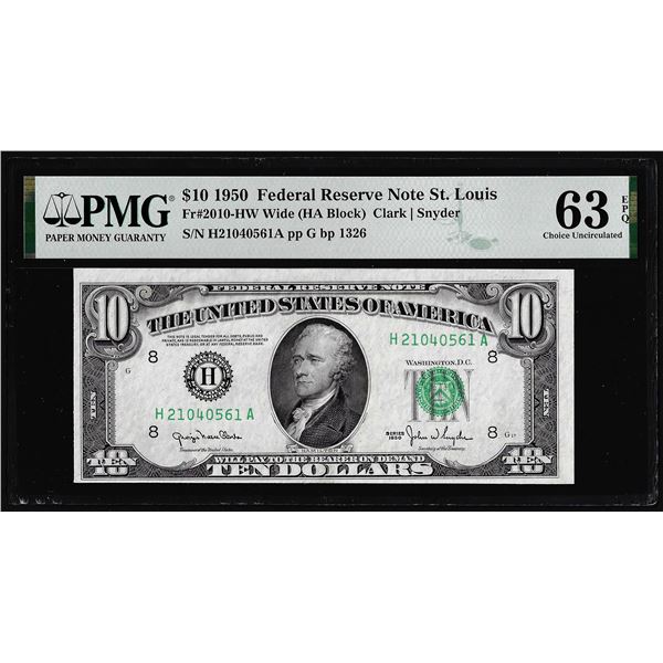 1950 $10 Federal Reserve Note St. Louis Fr.2010-HW Wide PMG Choice Uncirculated 63EPQ