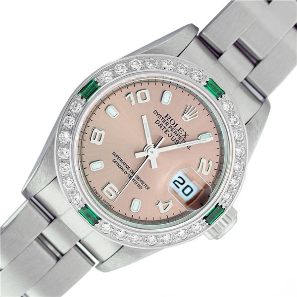 Rolex Ladies Stainless Steel Salmon Arabic Diamond and Emerald Datejust Wristwatch