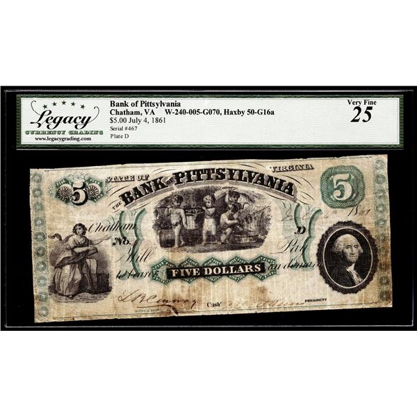 1861 $5 Bank of Pittsylvania Chatham, VA Obsolete Note Legacy Very Fine 25