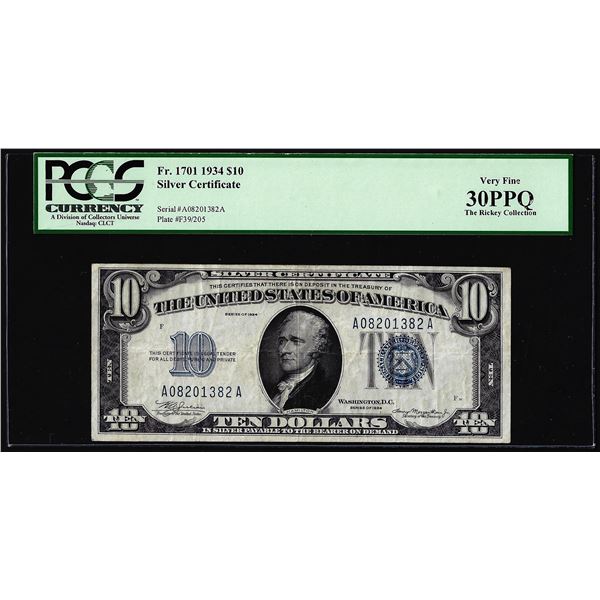 1934 $10 Silver Certificate Note Fr.1701 PCGS Very Fine 30PPQ