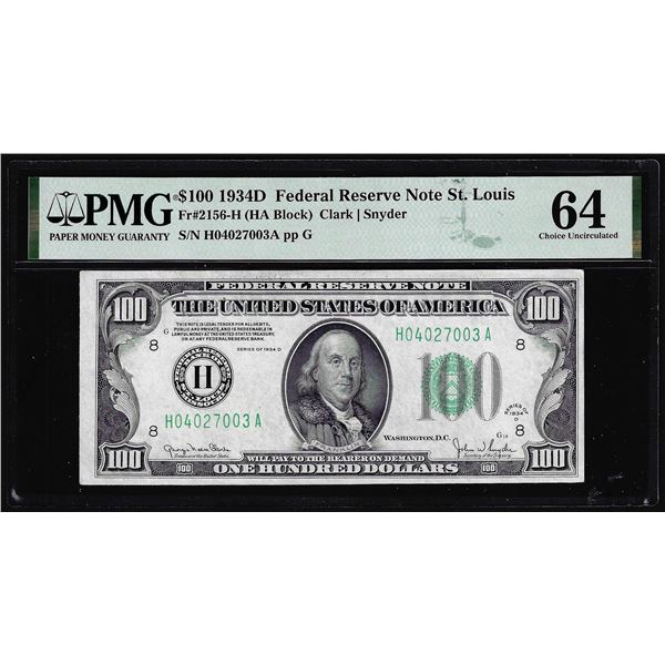 1934D $100 Federal Reserve Note Fr.2156-H PMG Choice Uncirculated 64