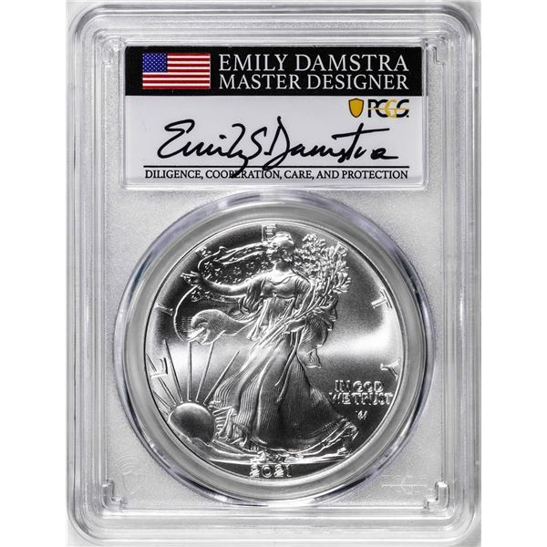 2021 Type 2 $1 American Silver Eagle Coin PCGS MS70 Damstra Signature First Strike