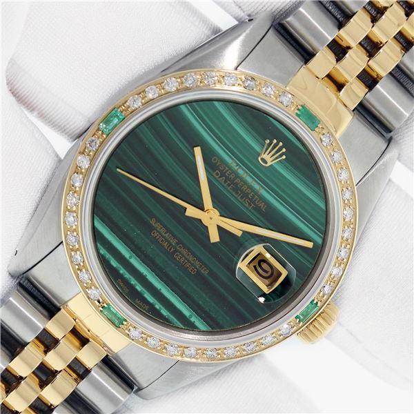 Rolex Men's Two Tone Green Malachite Diamond Datejust Wristwatch