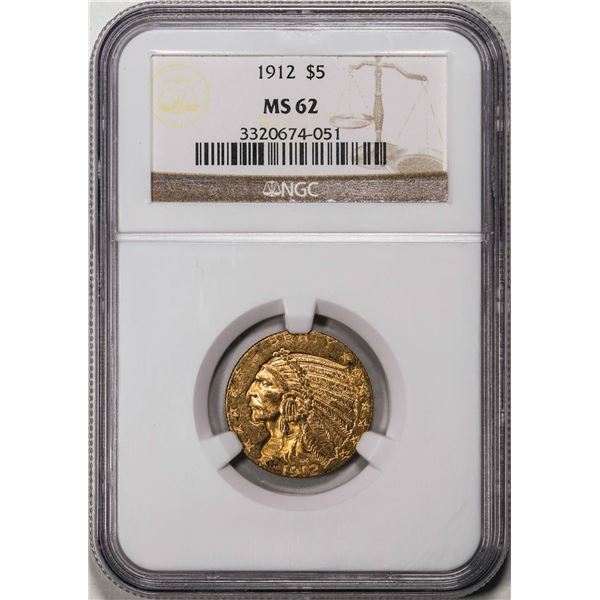 1912 $5 Indian Head Half Eagle Gold Coin NGC MS62