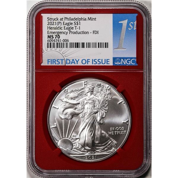 2021(P) Type 1 $1 American Silver Eagle Coin NGC MS70 FDI Philadelphia Red Cores