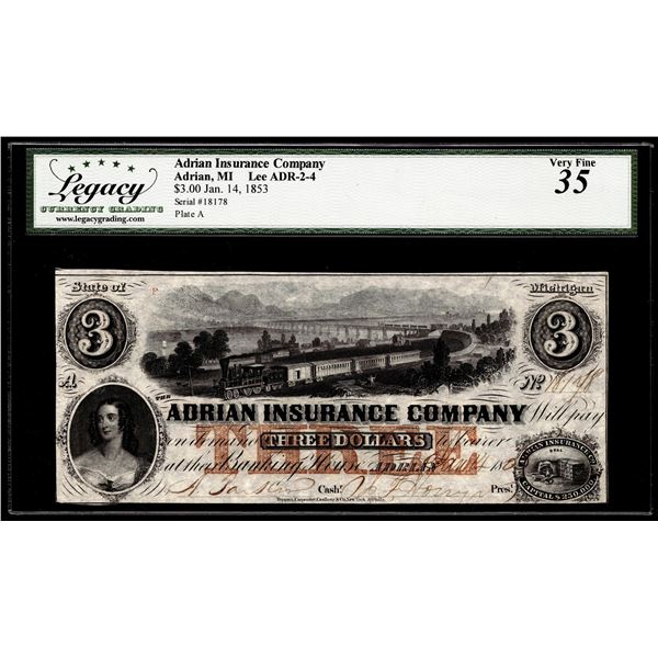 1853 $3 Adrian Insurance Company Adrian, MI Obsolete Note Legacy Very Fine 35