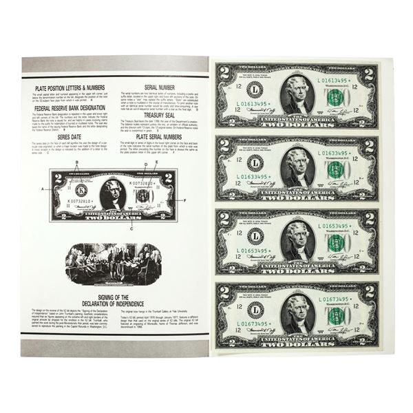 Uncut Sheet of (4) 1976 $2 Federal Reserve Star Notes San Francisco