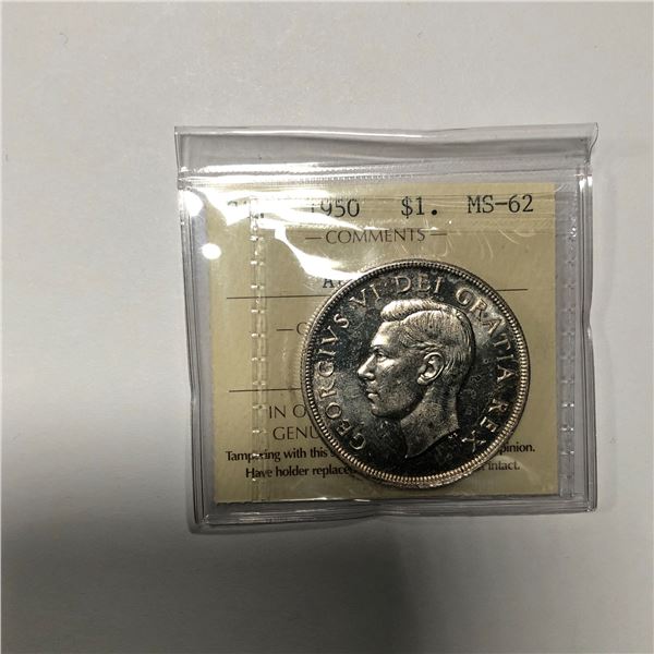 1950 ARNPRIOR King George VI Canadian Silver Dollar ICCS-MS-62 NICE WHITE GEM