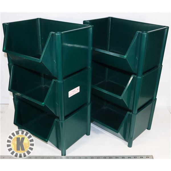 SIX GREEN OFFICE STORAGE STACKABLE BINS