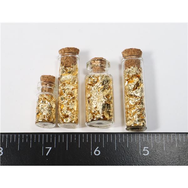 LOT OF 4 GENUINE GOLD FOIL FLAKES IN GLASS