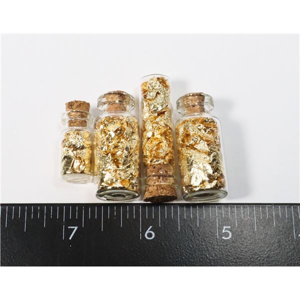 LOT OF 4 GENUINE GOLD FOIL FLAKES IN GLASS