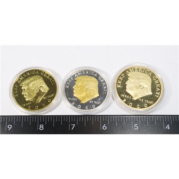 LOT OF 3 GOLD & SILVER PLATED TRUMP MEDAL/TOKEN