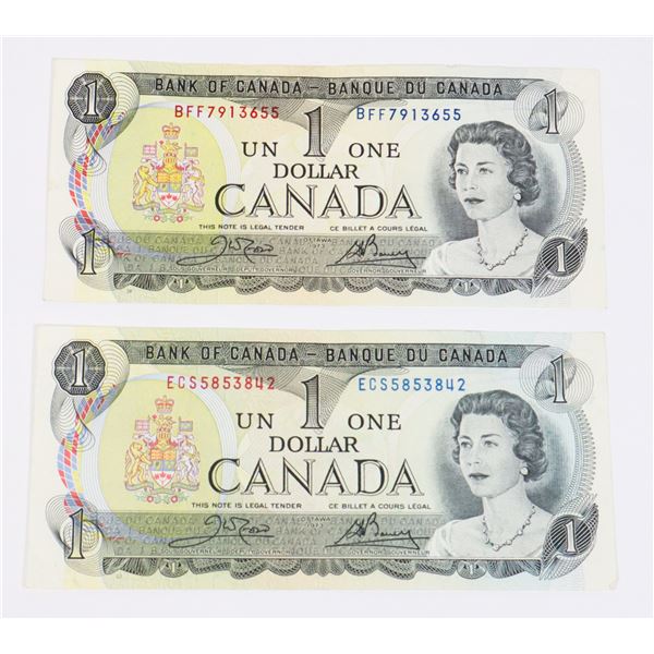 TWO GOOD CONDITION 1973 CANADIAN ONE DOLLAR NOTES