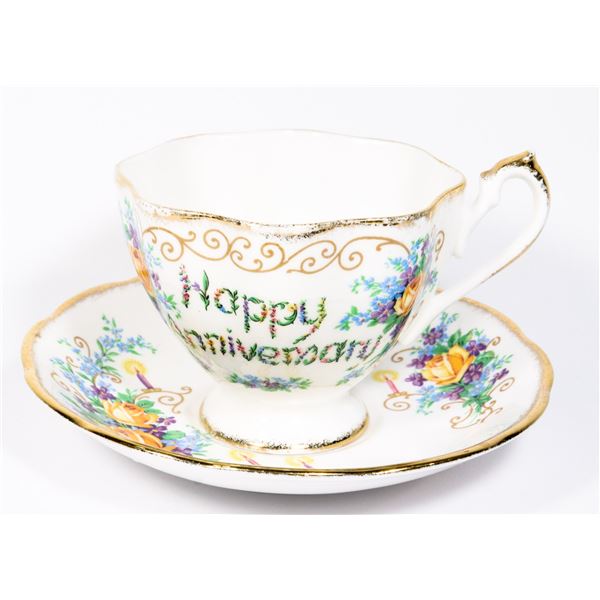 QUEEN ANNE "HAPPY ANNIVERSARY" TEACUP AND SAUCER