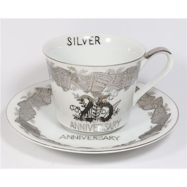 25TH SILVER ANNIVERSARY TEA CUP AND SAUCER