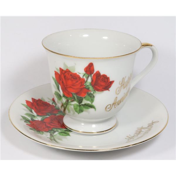 HAPPY ANNIVERSARY TEA CUP AND SAUCER ROSE PATTERN