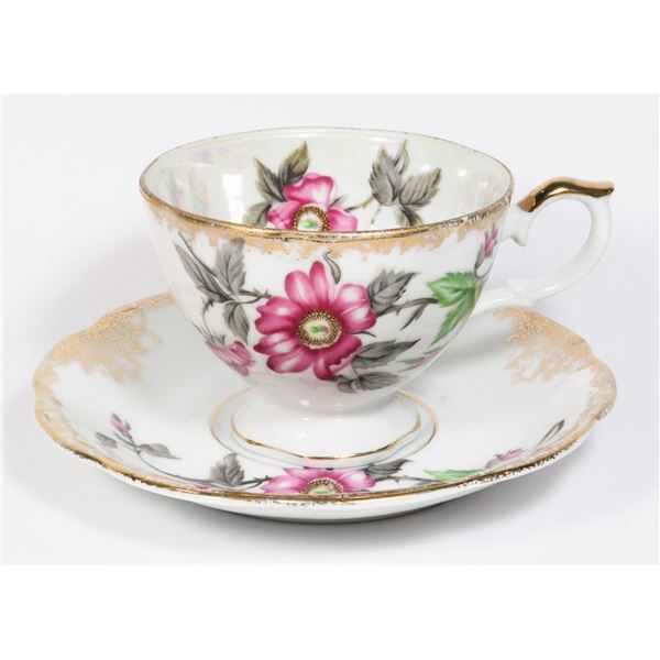 IRIDESCENT FLOWER DESIGN TEA CUP AND SAUCER