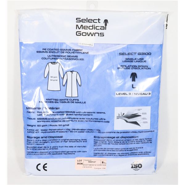 NEW SELECT MEDICAL GOWN SIZE L 35"/88CM SLEEVE.