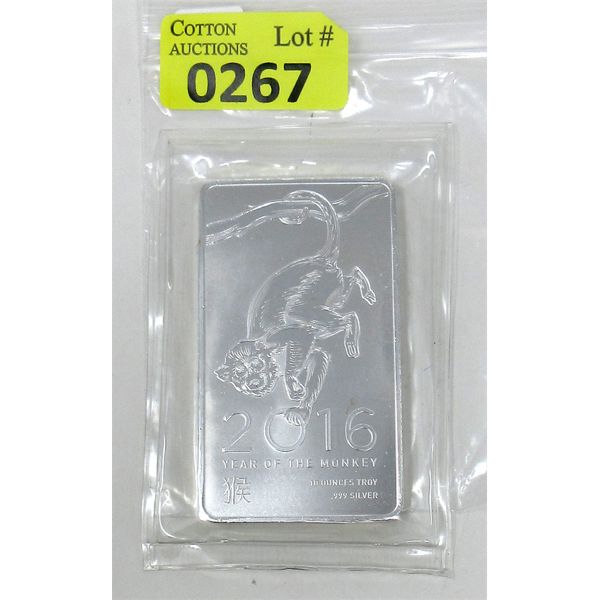 10 Oz .999 Silver 2016 Year of the Monkey Bar